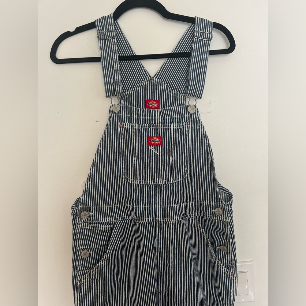 Dickies navy and white pinstripe denim overalls